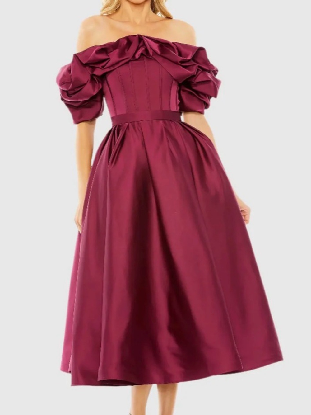 Mac Duggal Off-Shoulder Wine Puff-Sleeve Midi Dress